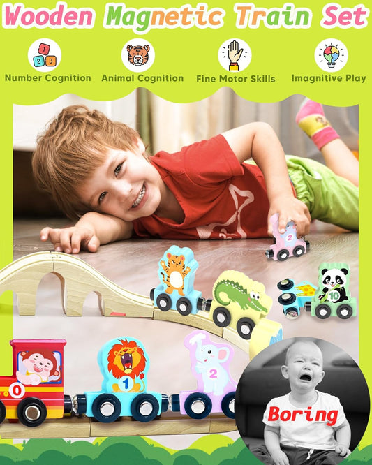 11 Pcs Magnetic Train Set Montessori Toys for Toddlers Boys Girls, Wooden Animals Preschool Learning Activities Educational Sensory Toys Stocking