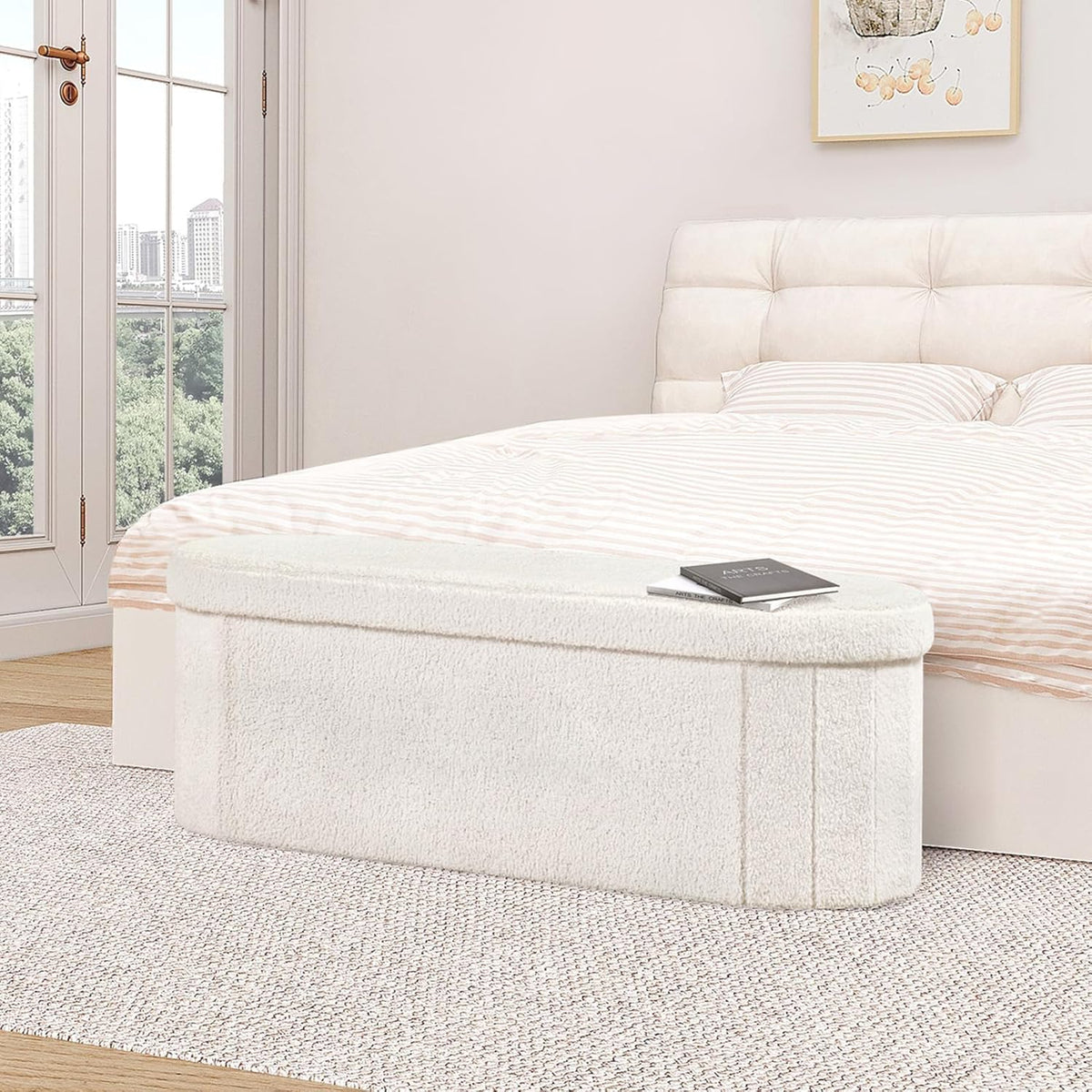 B FSOBEIIALEO Ottoman with Storage for Living Room, Sherpa Folding Storage Ottoman Foot Rest, 43.3 Inches Collapsible Bedroom Bench White