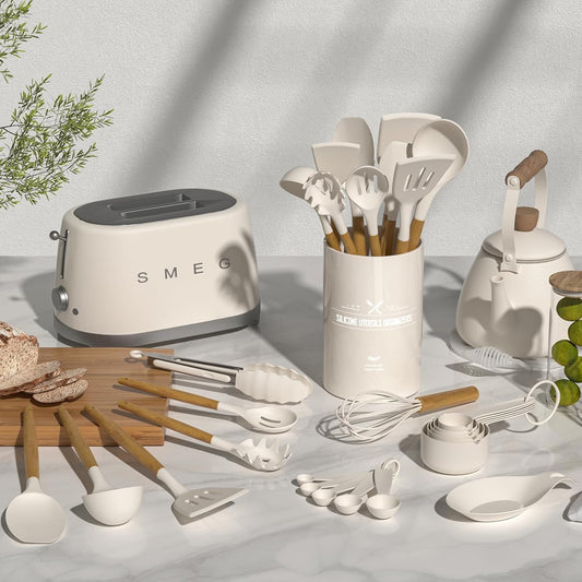 Umite Chef Kitchen Cooking Utensils Set, 33 pcs Non-Stick Silicone Cooking Kitchen Utensils Spatula Set with Holder, Wooden Handle Silicone Kitchen