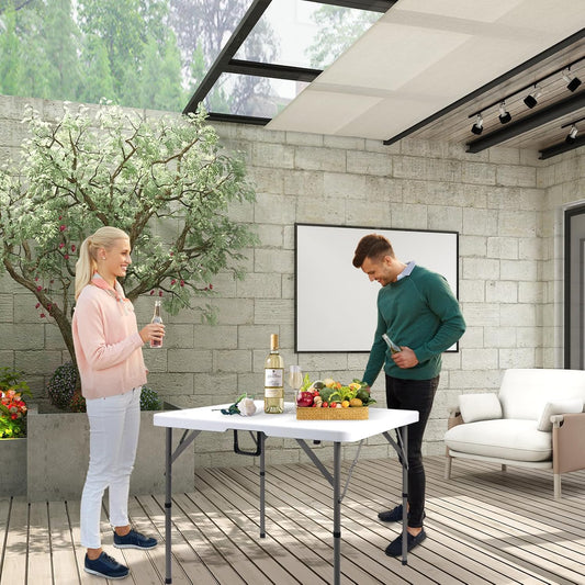 34" Square Folding Card Table, Fold-in-Half Utility Dining Portable Table Heavy Duty HDPE White Plastic Foldable with Carrying Handle Indoor Outdoor