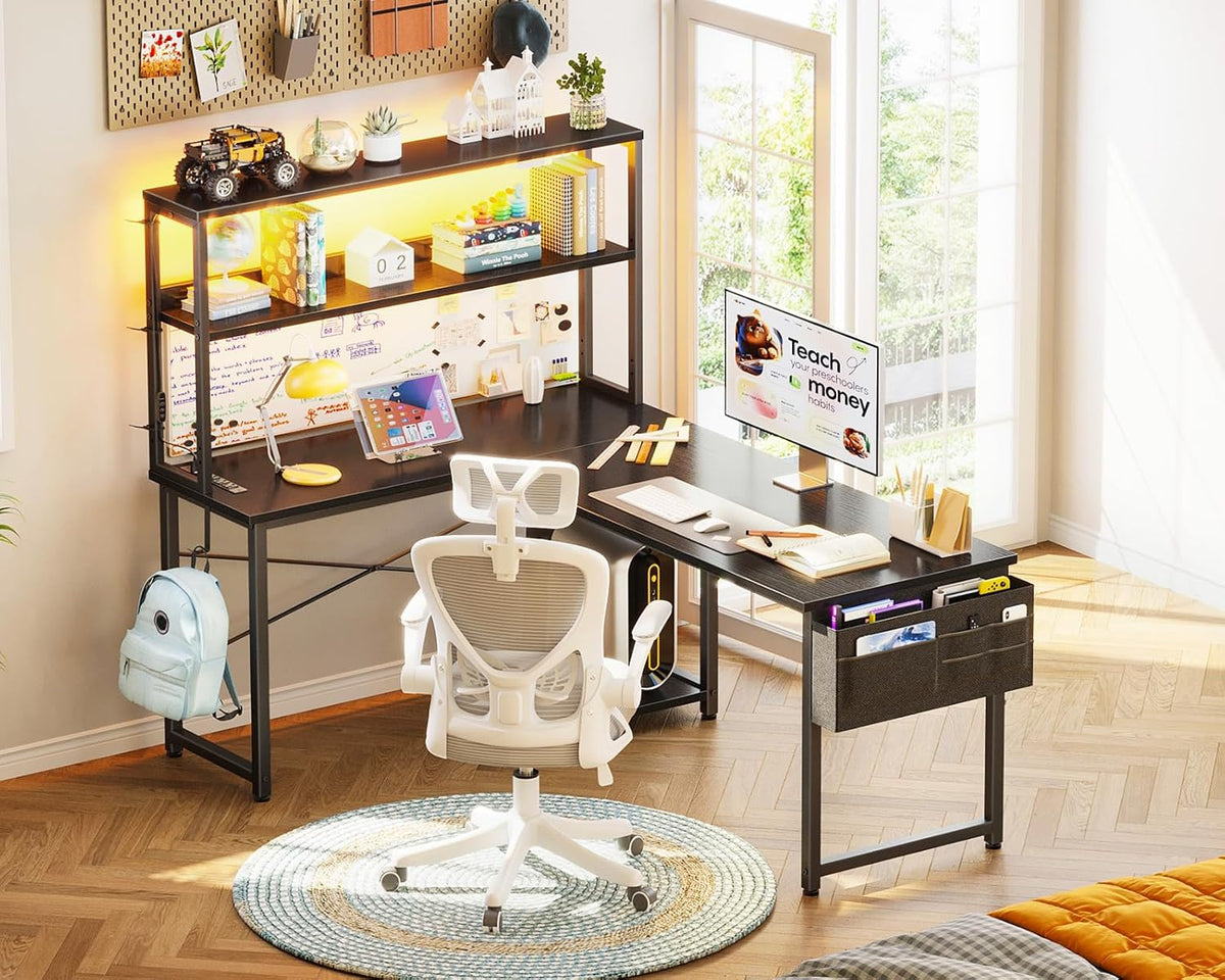 AODK L Shaped Desk Gaming Desk with LED Light & Power Outlet, 53 Inch Reversible L Shaped Computer Table with Shelf & Storage Bag & Hook for Home