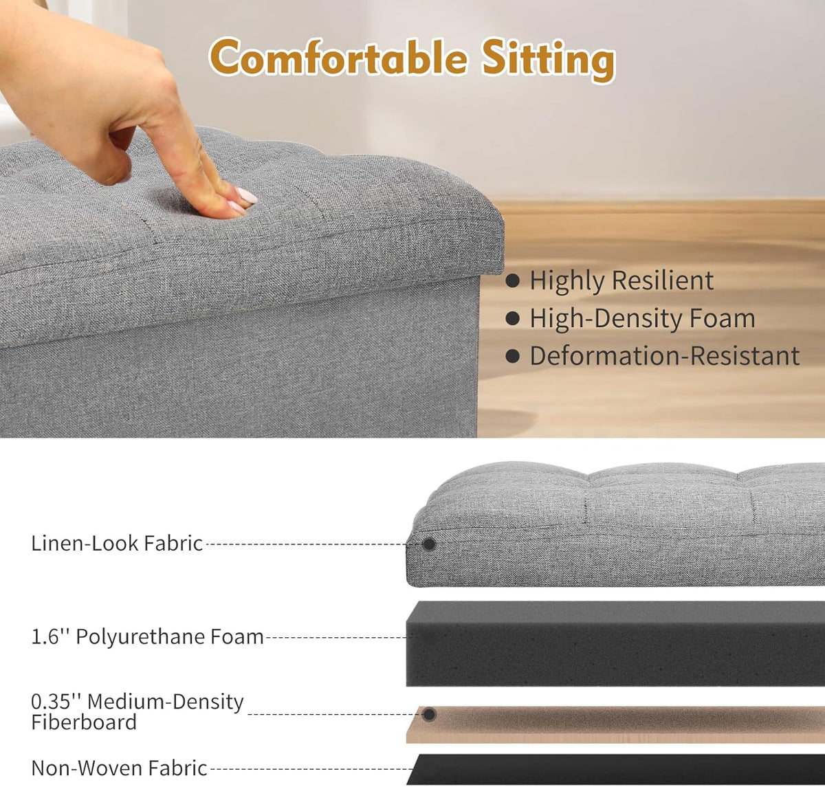 Storage Ottoman with Extra Thick Foam Padded Seat, Foldable Foot Rest Stool with Linen Fabric, 43L Ottoman with Storage Bench for Bedroom Living