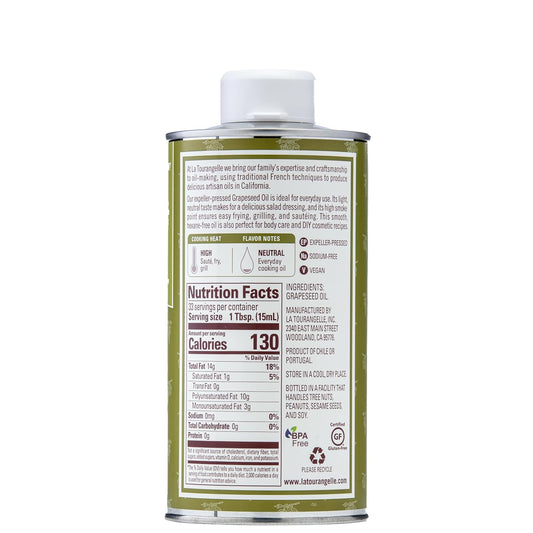 La Tourangelle, Expeller-Pressed Grapeseed Oil, High Heat Neutral Cooking Oil, Cast Iron Seasoning, Also Great for Skin, Hair, and DIY Beauty