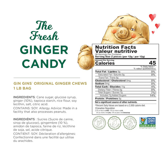 GIN GINS Original Ginger Chews – Natural Fresh Ginger Candy by The Ginger People – Individually Wrapped Healthy Candy – Original Flavor – Large 1 lb