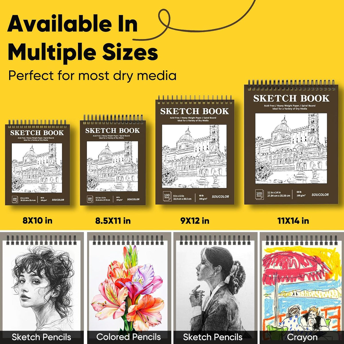 Soucolor Sketch Book, Spiral Bound Acid-Free Sketchbook with 68lb/100gsm for Paper Painting, Drawing, Writing, Artist Sketching Pad for Kids, Adults
