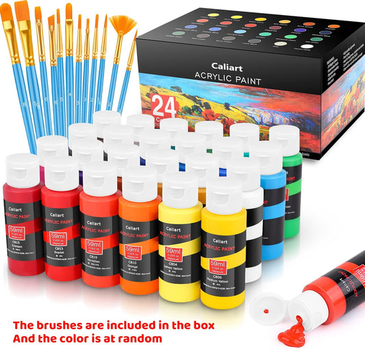 Caliart 24 Colors Acrylic Paint Set with 12 Brushes, Art Craft Paints Gifts Trendy Stuff for Adults Artists, Halloween Pumpkin Canvas Ceramic Rock
