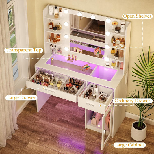 Vanity Desk with Mirror and Lights, Makeup Vanity Desk with Lights 3 Colors, Transparent Top Vanity with 2 RGB Drawers, 6 Shelves, Large Tempered
