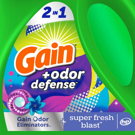 Gain Odor Defense Liquid Laundry Detergent, Super Fresh Blast Scent, 194 fl oz, 134 loads, 2 in 1, Laundry Detergent Liquid Soap, HE compatible