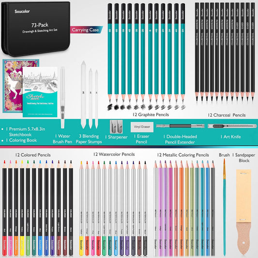 Soucolor 73 Pack Art Supplies Sketching Kit for Adults Kids Teen Gifts, Christmas Gifts, Drawing Sketching Pencils with Sketchbook, Coloring Book