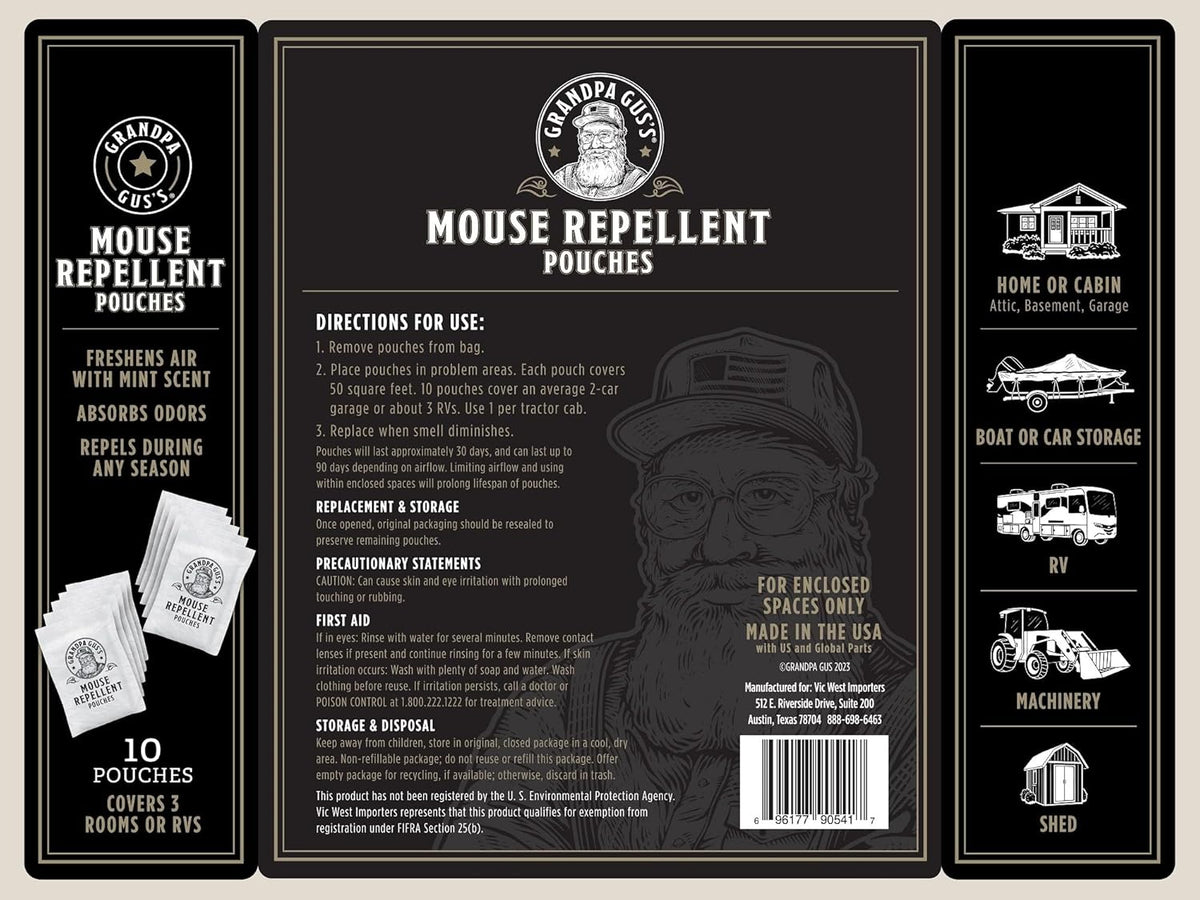 Grandpa Gus’s Extra-Strength Mouse Repellent Pouches, Peppermint & Cinnamon Oil, Natural Rodent Deterrent Control for Garage, RV, Car, Basement