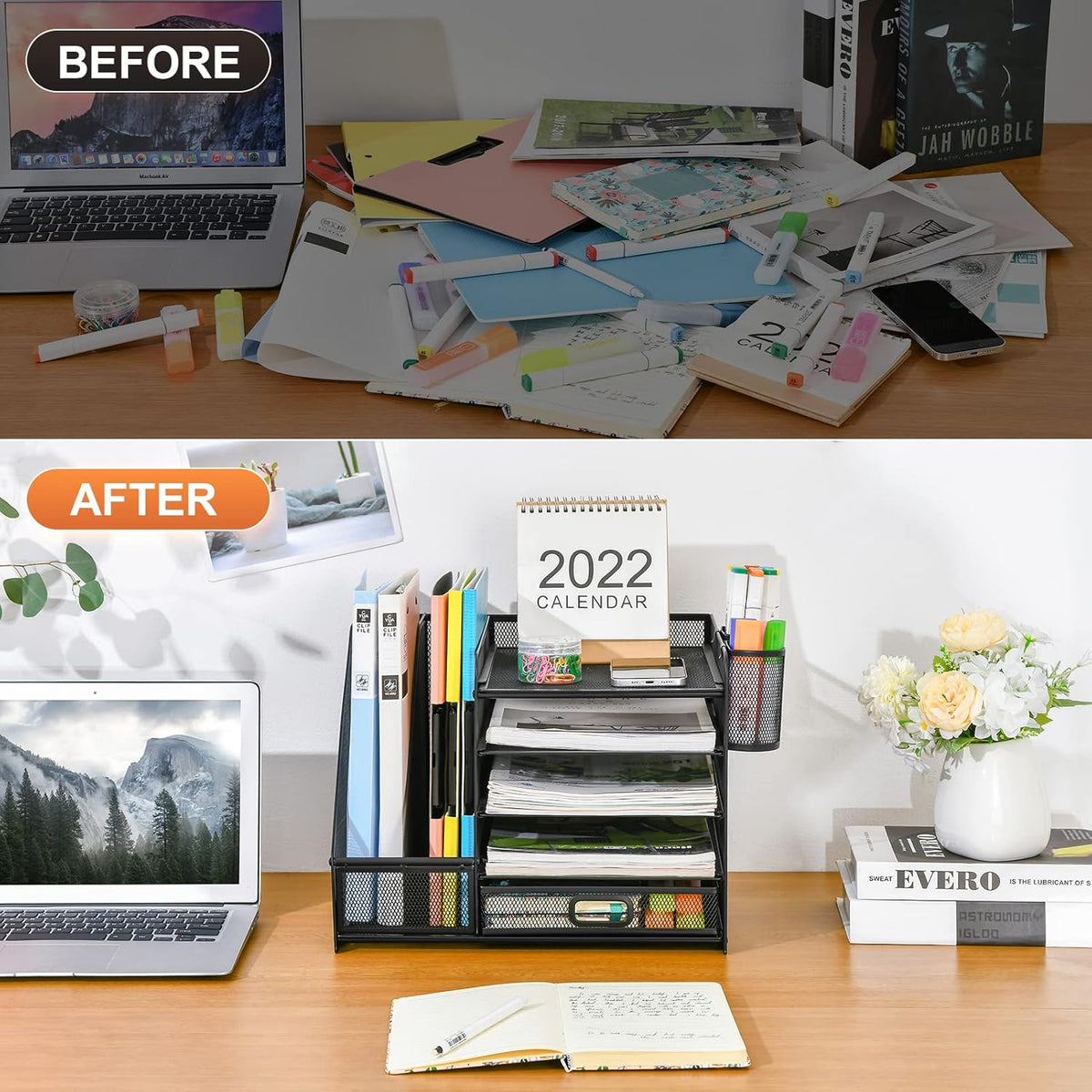 Marbrasse Desk Organizer with File Holder, 5-Tier Paper Letter Tray Organizer with Drawer and 2 Pen Holder, Mesh Desktop Organizer and Storage with