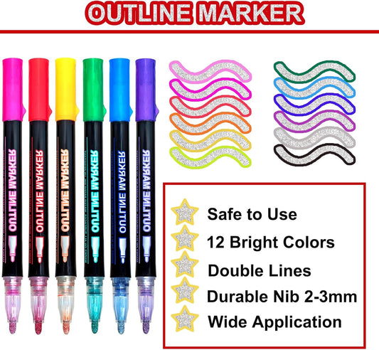 Glitter Markers Outline Pens Metallic,12 Cute Art Supplies Kids 6-8 9-12 10-12 Year Old Tween Teen Girl Gifts Trendy Stuff,Arts Crafts Kids Ages