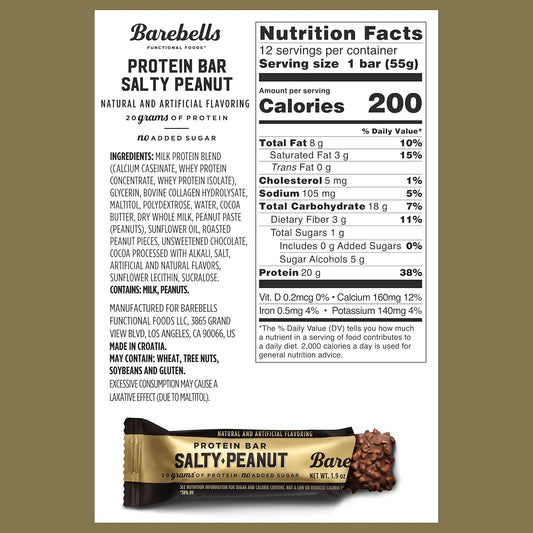 Barebells Protein Bars Salty Peanut - 12 Count, 20g High Protein Treats - Chocolate Nutrition Bar with 1g Total Sugars - On-The-Go Breakfast or
