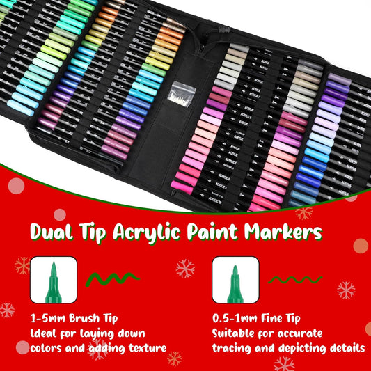 120 Colors Acrylic Paint Markers, Dual Tip Fine and Brush Tips Pens Contain 24 Metallic Color for Stone, Wood, Calligraphy, Canvas, Ceramic, Metal