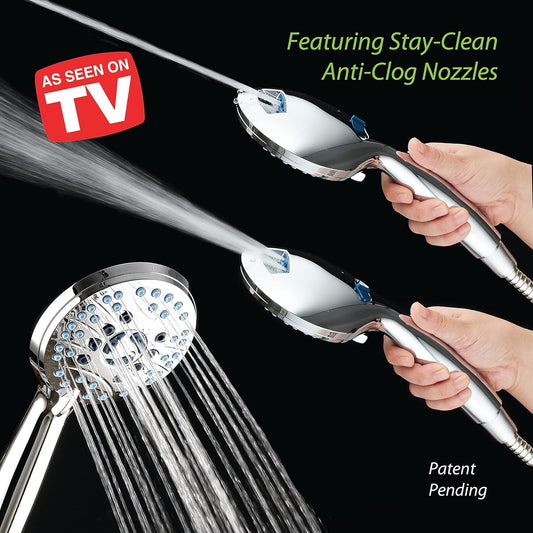 AquaCare High Pressure 8-mode Handheld Shower Head - Anti-clog Nozzles, Built-in Power Wash to Clean Tub, Tile & Pets, Extra Long 6 ft. Stainless