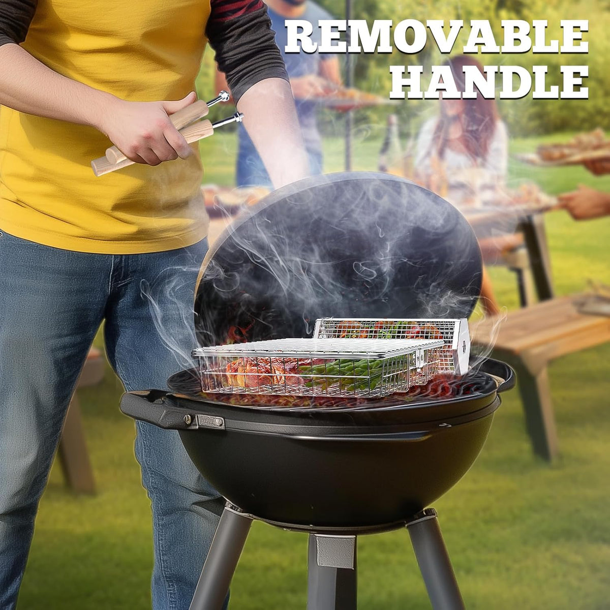 Grill Basket Set, Removable Wooden Handle, 304 Stainless Steel, Rolling BBQ Tools, Smoker Grilling Accessories for Vegetable Fish, Outdoor Cooking