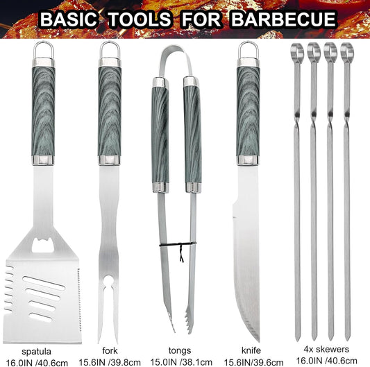 grilljoy 24PCS BBQ Grill Tools Set with Meat Thermometer and Injector - Extra Thick Stainless Steel Fork, Spatula& Tongs - Complete BBQ Accessories