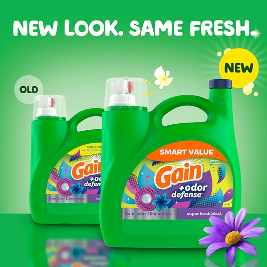 Gain + Odor Defense Liquid Laundry Detergent Super Fresh Blast Scent, HE Compatible, 107 Loads 154 fl oz, Gain Laundry Detergent, Liquid Laundry