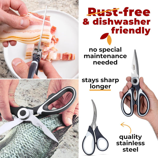 Kitchen Shears by Gidli - Liftime Replacement Warranty* - Includes Seafood Scissors As a Bonus - Heavy Duty Utility Stainless Steel All Purpose Ultra