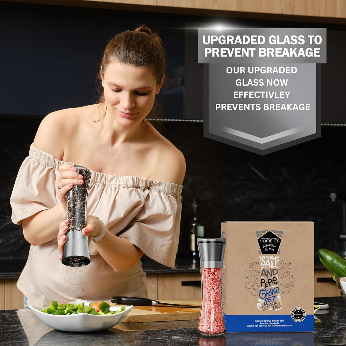 Home EC Premium Stainless Steel Sea Salt and Pepper Grinder Set of 2 - Adjustable Ceramic - Tall Glass Salt and Pepper Shakers - Kitchen Spice Mill