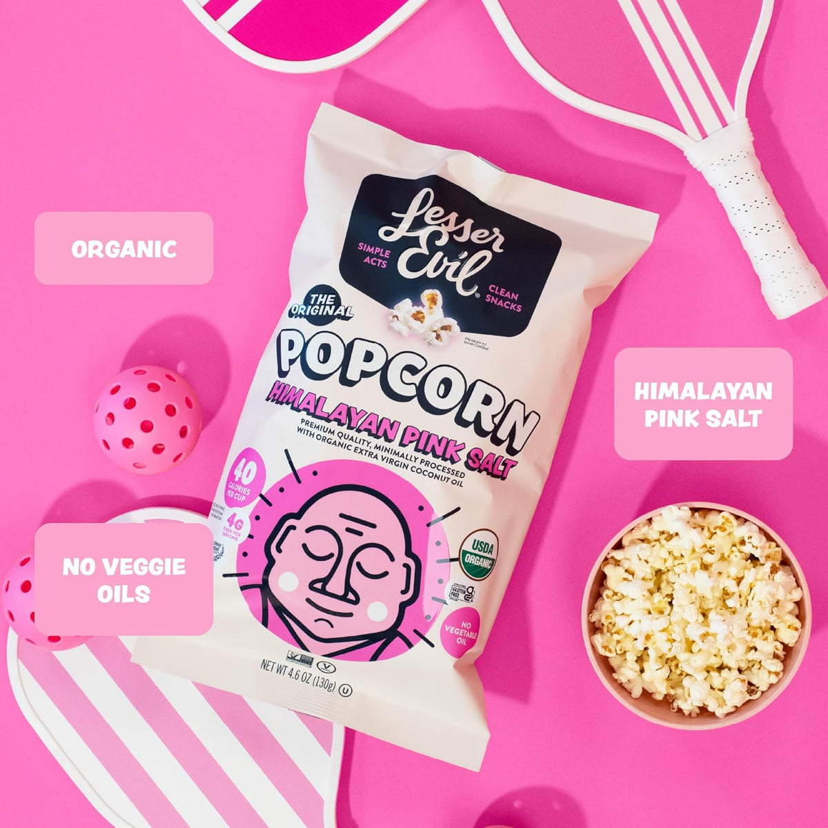 LesserEvil Himalayan Pink Salt Organic Popcorn, Premium Quality, Minimally Processed, No Vegetable Oil, 0.46 Oz, Pack of 24