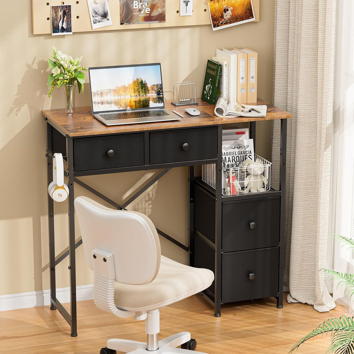 Small Computer Desk with 4 Fabric Drawers, Simple Writing Desk for Home Office, Compact Study Desks for Small Spaces, Kids Desk Study for Bedroom