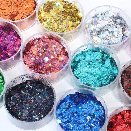 Holographic Chunky Glitter, Set of 12, Licool Craft Glitter for Resin Art Crafts, Cosmetic Glitter for Nail Body Face Eye, Epoxy Resin Sequin Flake