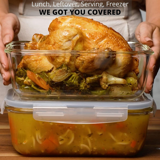 8 Cups/ 63 Oz 4 Piece (2 containers + 2 Lids) Large Glass Food Storage/ Baking Containers with Locking Lids . Ideal for Storing food, vegetables or