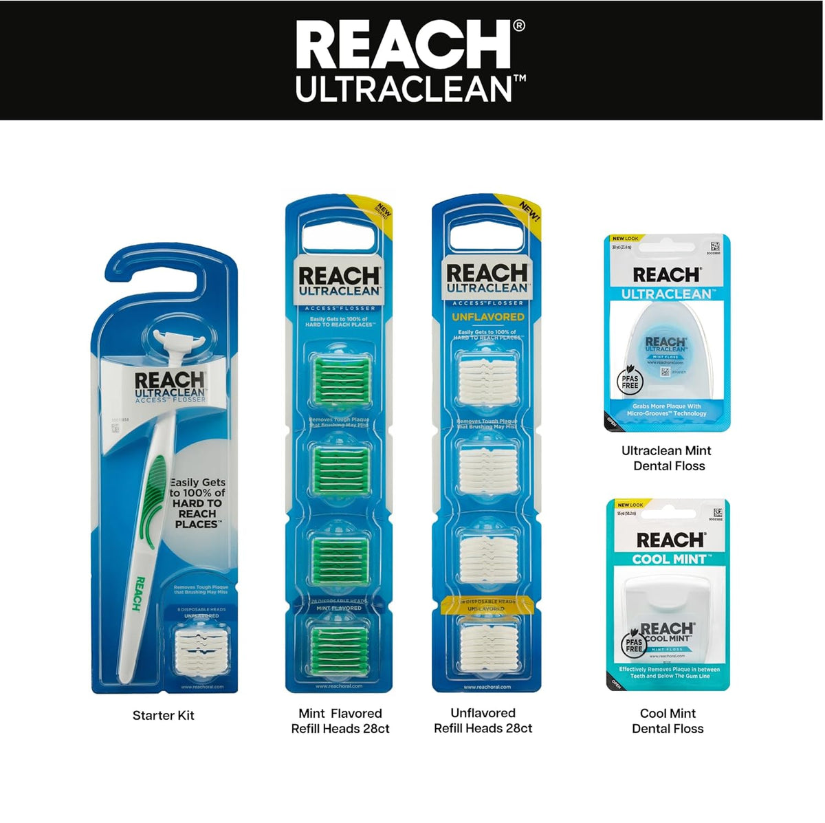 REACH Ultraclean Access Flosser Refill Heads, Mint, Plaque Remover for Teeth, Shred Resistant, for Hard to Reach Areas, Oral Care, PFAS Free