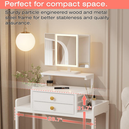 Vanity Desk with Mirror and Lights, 28.4''W Small Makeup Vanity Table with Height-Adjustable Stand, 2 Fabric Drawers Compact Makeup Desk, Gift for