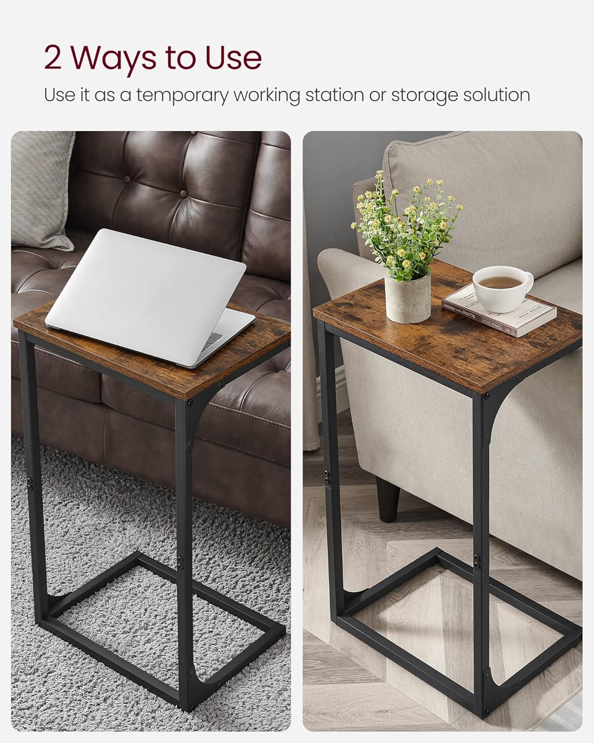 VASAGLE C-Shaped End Table, Side Table for Sofa, Couch Table with Metal Frame, Small TV Tray Table for Living Room, Bedroom, Rustic Brown and Black