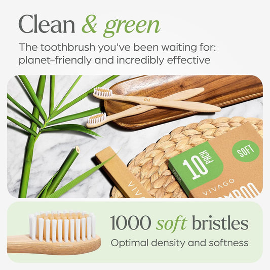 Bamboo Toothbrushes 10 Pack - BPA Free Soft Bristles Toothbrushes, Eco-Friendly, Natural Wooden Toothbrush