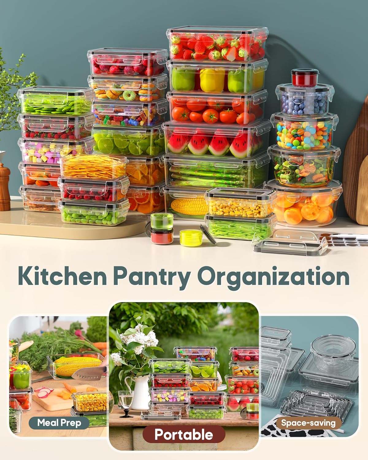 60 PCS Food Storage Containers with Lids Airtight, (30 Lids & 30 Containers) Leak proof Containers Set for Kitchen, Meal Prep, BPA-Free, PVC-Free