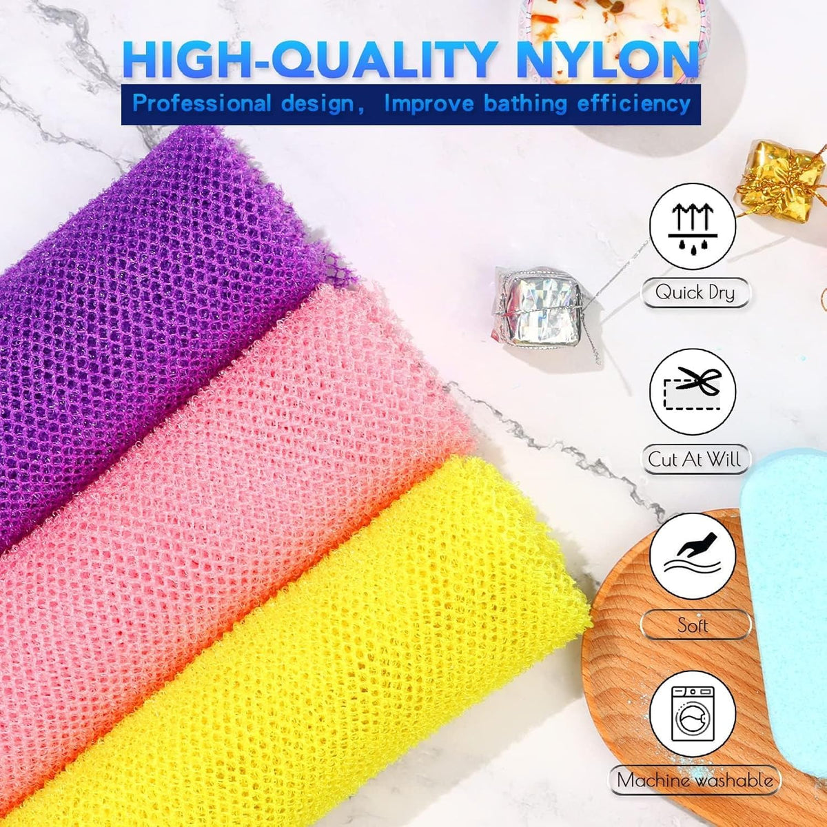 UJFQBH 3 Pieces African Bath Sponge African Net Long Net Bath Sponge Exfoliating Shower Body Scrubber Back Scrubber Skin Smoother,Great for Daily Use