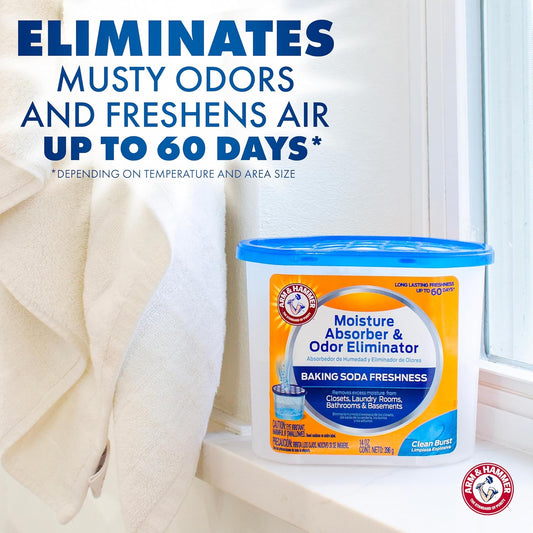 Arm & Hammer Clean Burst Moisture Absorber and Odor Eliminator Tubs, 14 oz, 3 Pack, Attract and Trap Excess Moisture, Eliminate Musty Odors