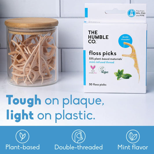 The Humble Co Dental Floss Picks for Teeth, 200 Count (Mint) - Double Thread Tooth Picks Flossers for Adults Gum Health - Toothpick Floss for