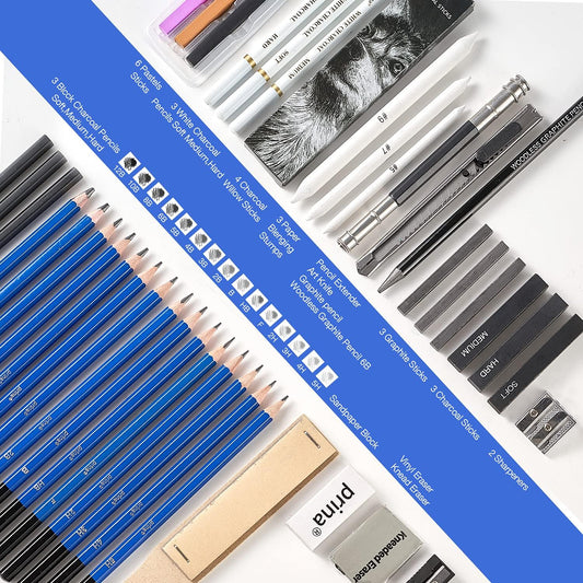 Prina 50 Pack Drawing Set Sketch Kit, Sketching Supplies with 3-Color Sketchbook, Graphite, and Charcoal Pencils, Pro Art Drawing Kit for Artists