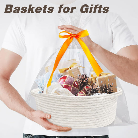 Pro Goleem Small Woven Burr Basket with Gift Bags and Ribbons Durable Baskets for Gifts Empty Small Rope Basket for Storage 12"X 8" X 5" Baby Toy