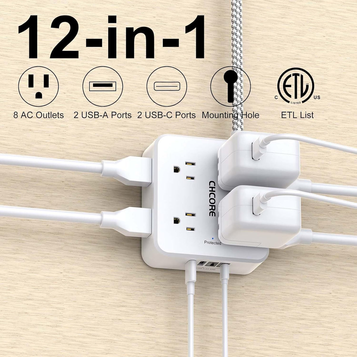 Surge Protector Power Strip - CHCORE 5Ft Braided Extension Cord with 8 Outlets with 4 USB (2 USB C) Charging Ports, Flat Plug Multi Plug Outlet