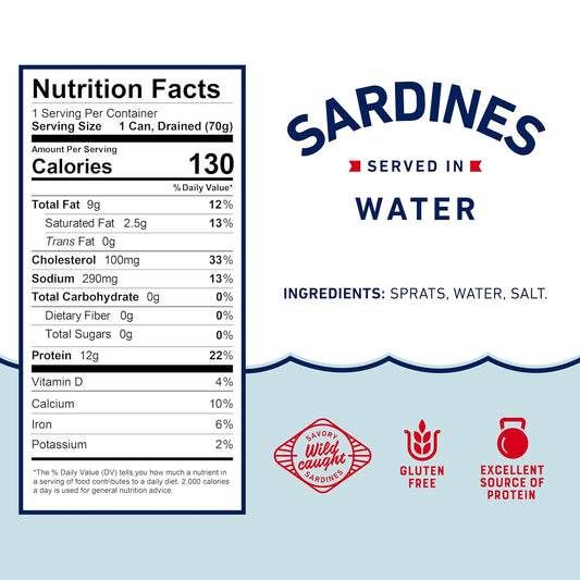 Beach Cliff Sardines in Water, 3.75 oz Can (Pack of 12) - Wild Caught Sardines - 12g Protein per Serving - Gluten Free, Keto Friendly