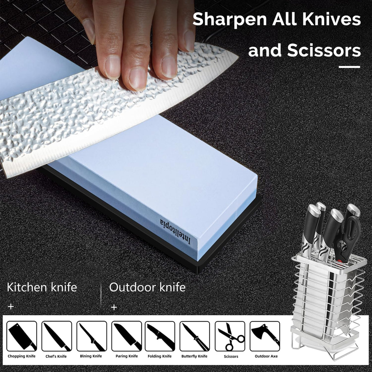 Intelitopia Complete Knife Sharpening Stone Set – Dual Grit Whetstone 400/1000 3000/8000 Knife Sharpener with Leather Strop, Flattening Stone, Bamboo