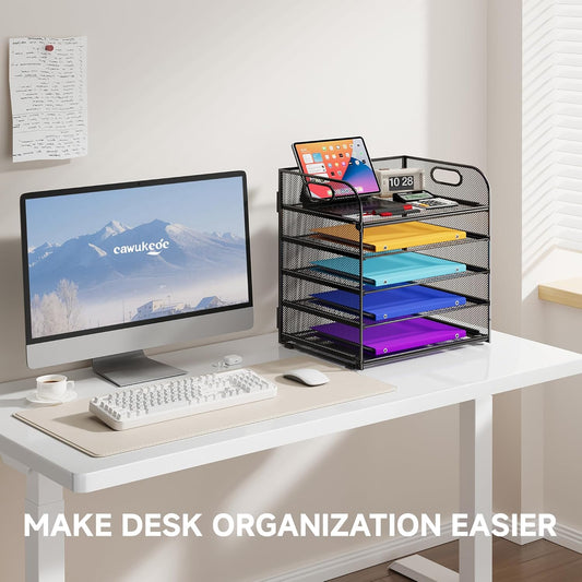 5 Tier Paper Organizer with Handle, Metal Mesh Desk Organizer File Folder Paper Letter Tray Desktop Document Sorter for Classroom, School, Office