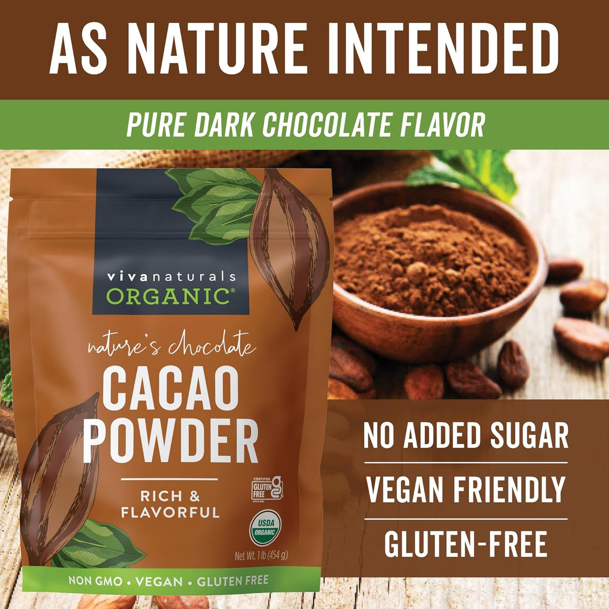 Organic Cacao Powder, Unsweetened, 1 lb (454 g) – Rich Dark Chocolate Flavor, Perfect for Baking, Smoothies & Hot Chocolate – Vegan, Keto, Paleo