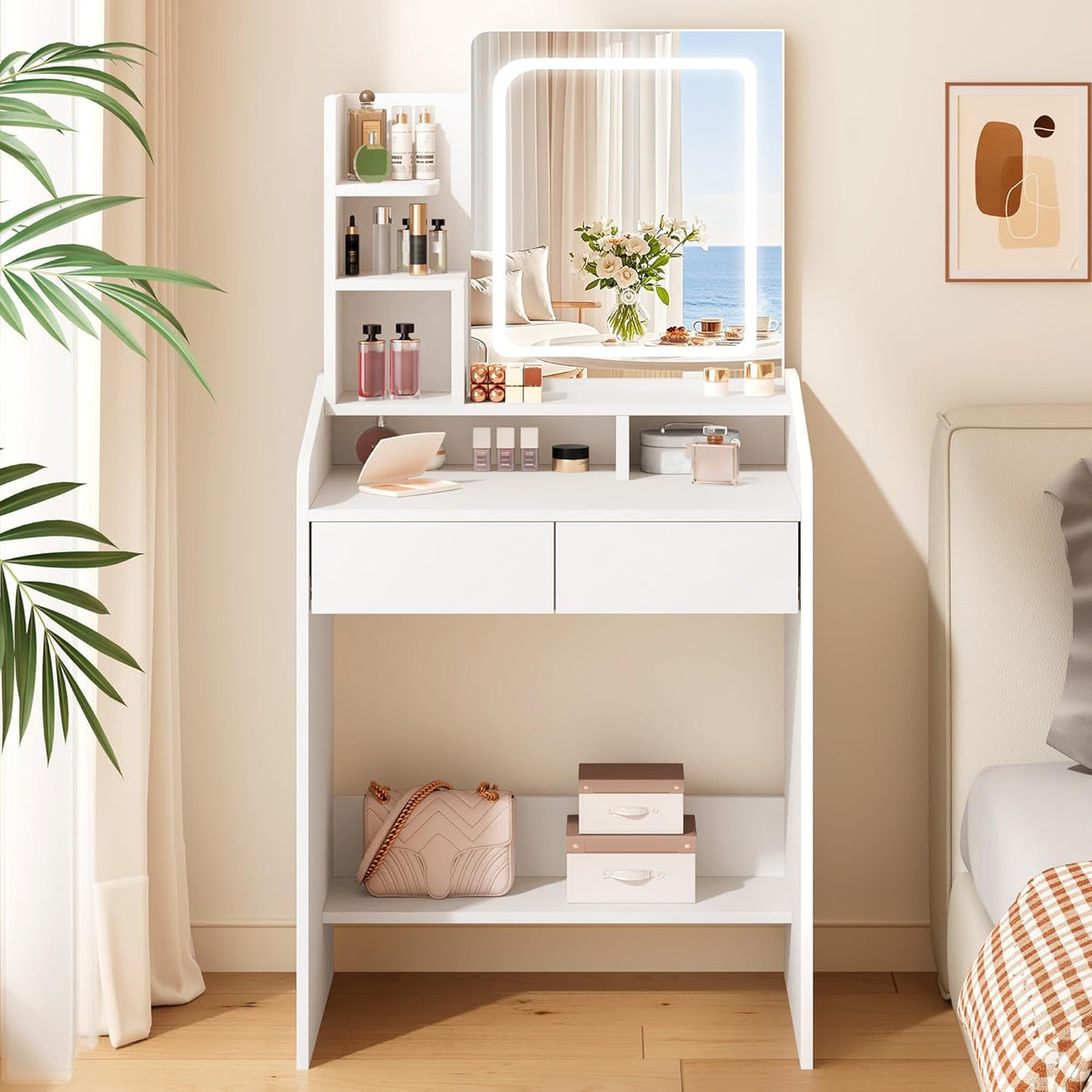 Small Makeup Vanity Desk with Lighted Mirror, White, 23.62" W x 15.74" D x 53.93" H (Smart LED Mirror, Open Shelves, 2 Drawers)