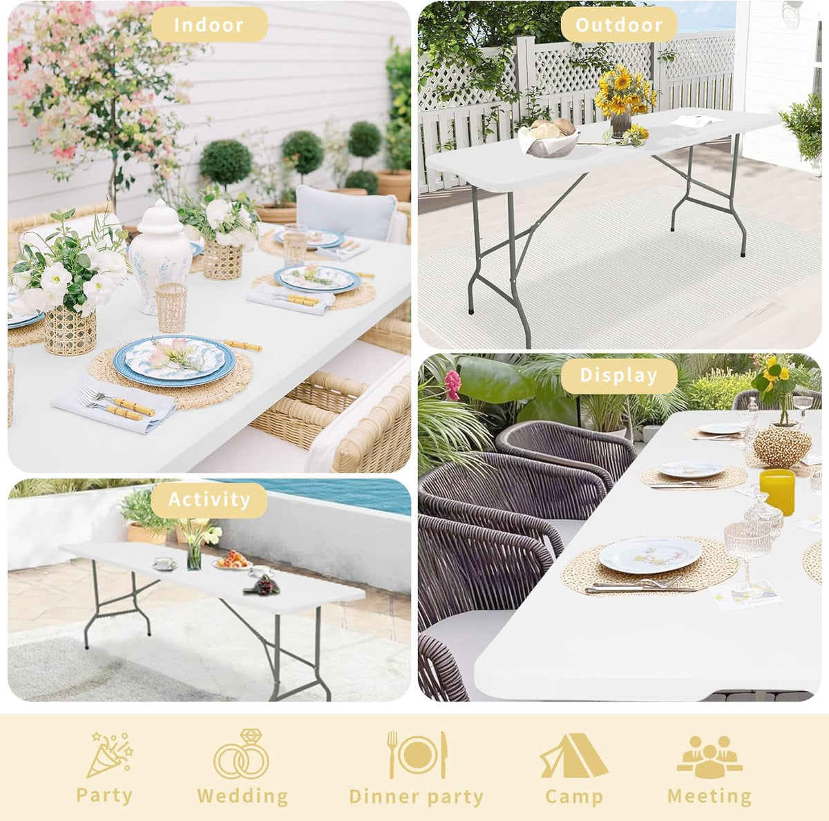 Set of 2 Folding Table 6 FT Lightweight Camping Table Portable Plastic Rectangular Outdoor Dining Table Steel Legs Fold-in-Half with Carrying Handle