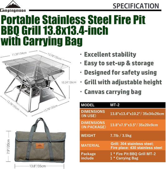 CAMPINGMOON Portable Stainless Steel Campfire Fire Pit Foldable Wood Burning Charcoal Grill for Camping Stove, Outdoor Cooking, Folding BBQ Grill