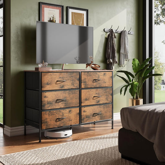 WLIVE Dresser for Bedroom with 6 Drawers, Wide Fabric Dresser TV Stand for 50 Inches TV, with Metal Frame, Wooden Top, Fabric Storage Dressers