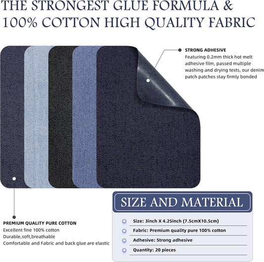 KING MOUNTAIN Iron-on Repair Patch 20 Pcs Pack,Denim Patches for Jeans Kit 3" by 4-1/4", 100% Cotton Denim Iron-on Repair Patch,Jeans and Clothing