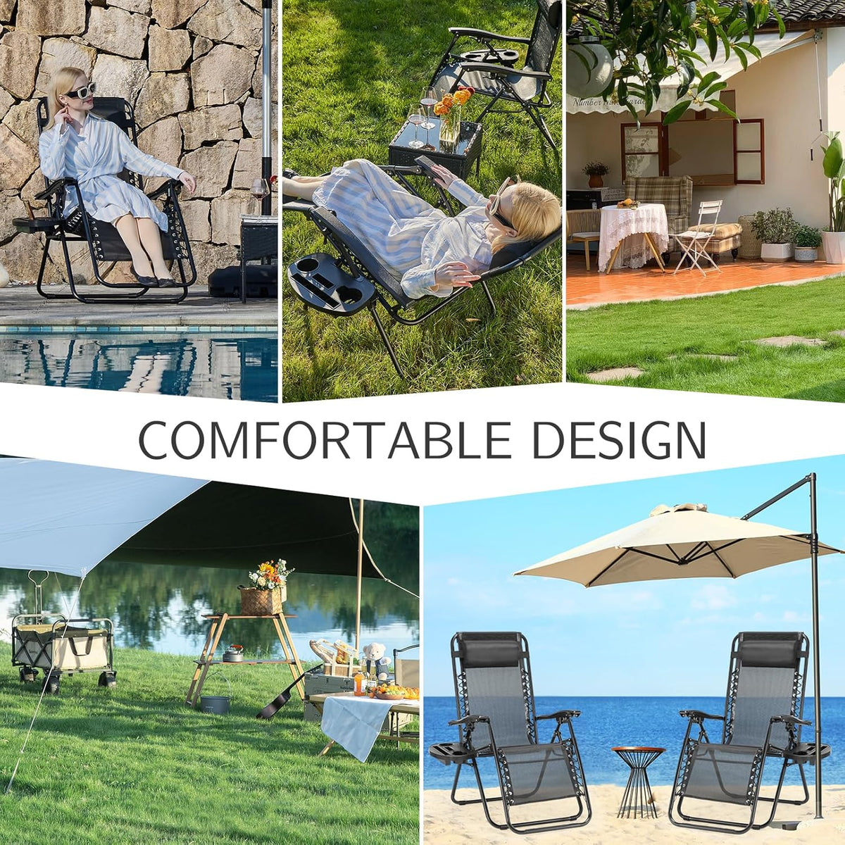 Sweetcrispy Zero Gravity Chairs, Set of 2 Portable Recliner Beach Camping Patio Outdoor Folding Lounge Chair with Cup Holder Trays and Adjustable