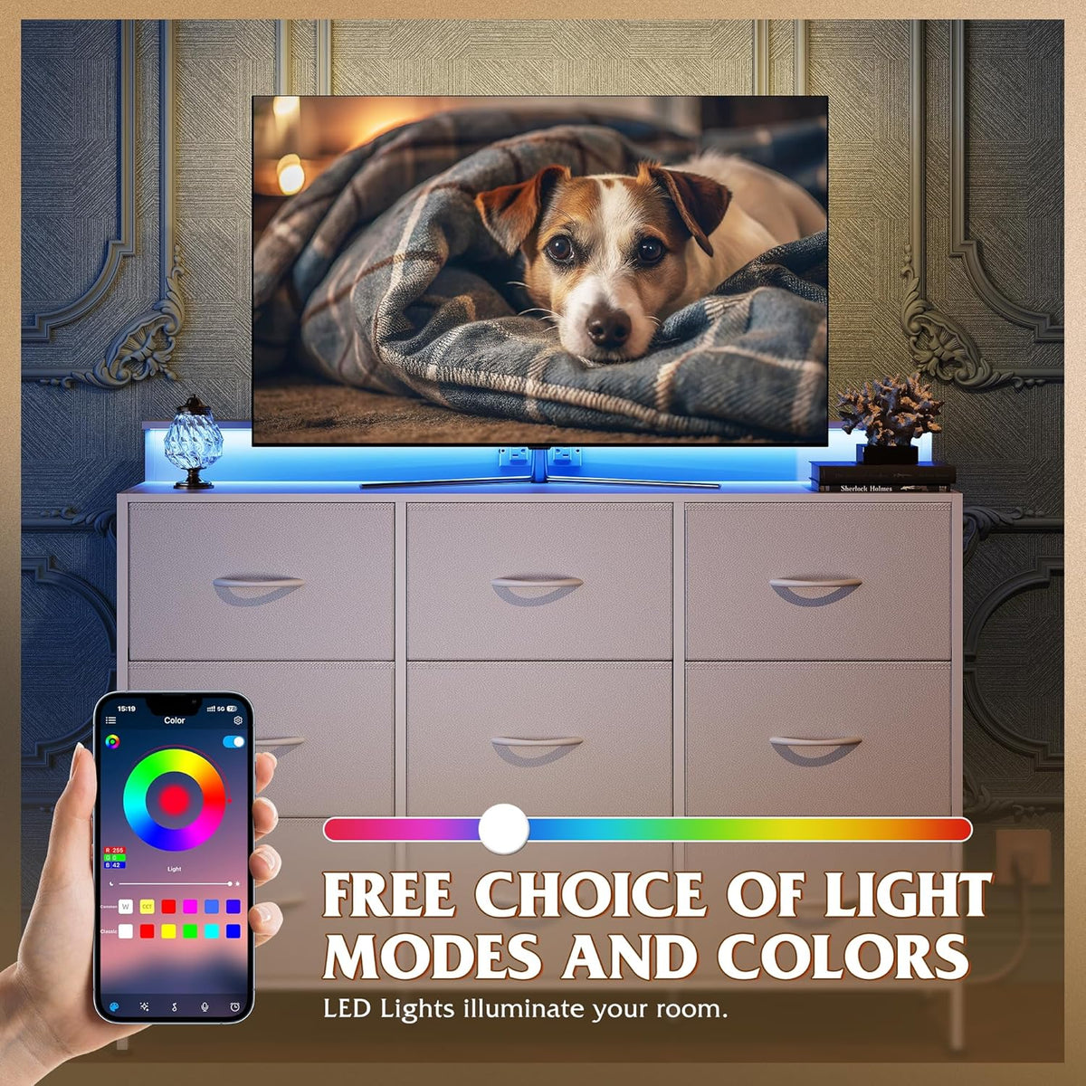 WLIVE White TV Stand for 45, 50, 55 inch TV, Entertainment Center with LED Lights & Charging Station, TV Media Console Table with 9 Fabric Drawers